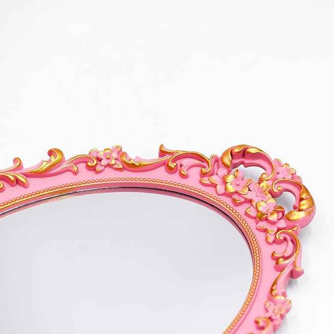 2PACK - Vintage Decorative Pink Framed Mirror, Wall Hanging Mirrors & Tabletop Tray for Bedroom Living Room Dresser Decor, Oval- 9.6" W x 14.3" L (PINK-2PACK)
