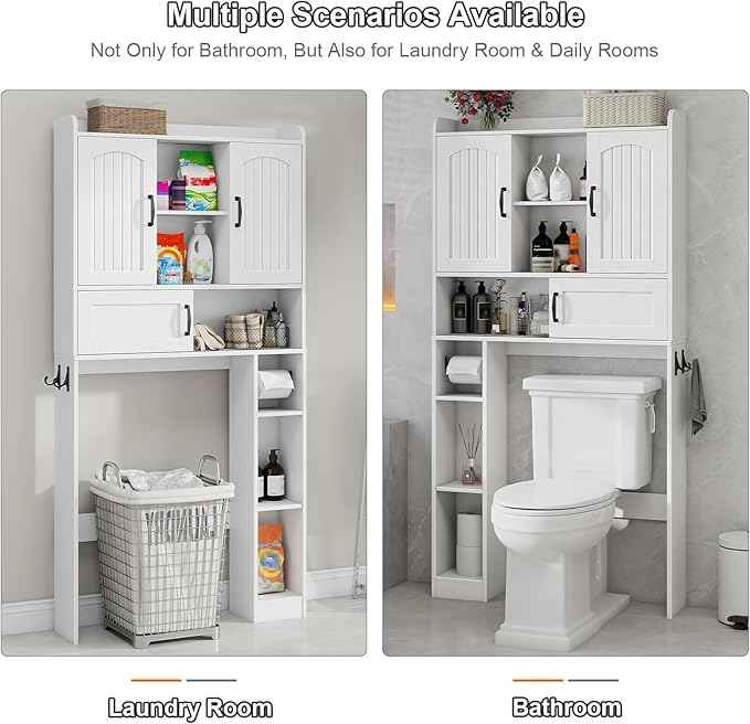 Vabches Farmhouse Over The Toilet Storage Cabinet with 2 Barn Doors & Sliding Door, Over The Toilet Bathroom Organizer with Open Storage Layer and Adjustable Shelves & Hooks.White