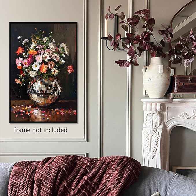 Colorful Moody Florals Disco Ball Wall Art, Maximalist Funky Wildflowers Bouquet Disco Ball Canvas Poster, Retro Cottagecore Flower Prints Paiting, Vintage Eclectic Wall Decor 16x24in Unframed