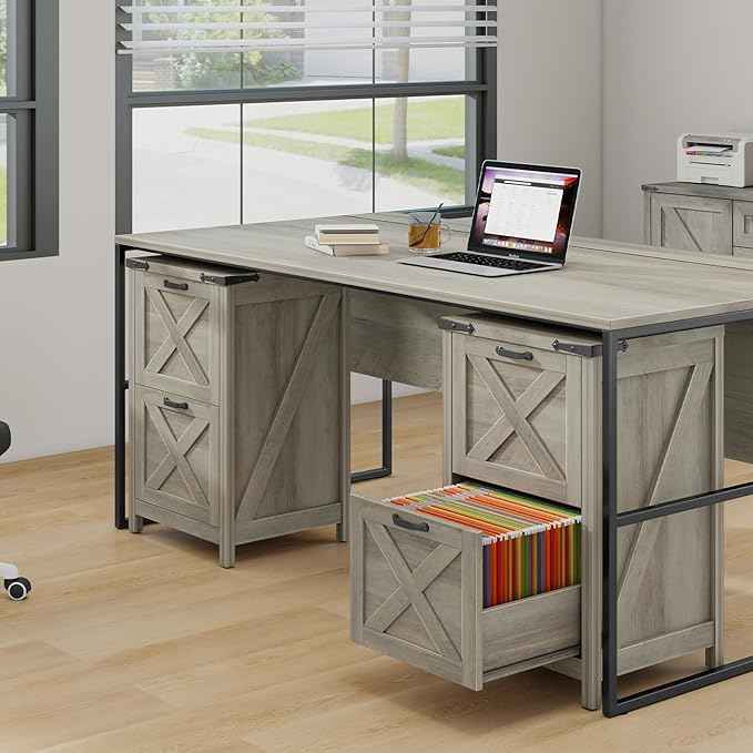 Vabches Vertical File Cabinet with 2 Drawers, Wooden Farmhouse Filing Cabinet for Letter/A4 Size Hanging Files, Under Desk Printer Stand with Storage for Home Office, Grey