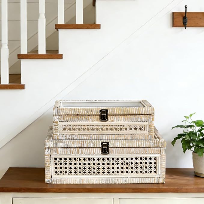 Rattan and Cane Stacking Boxes with Glass Top Lid - Set of 2 11.8" and 14.1", for Boho and Rustic Farmhouse Decor, White Wash