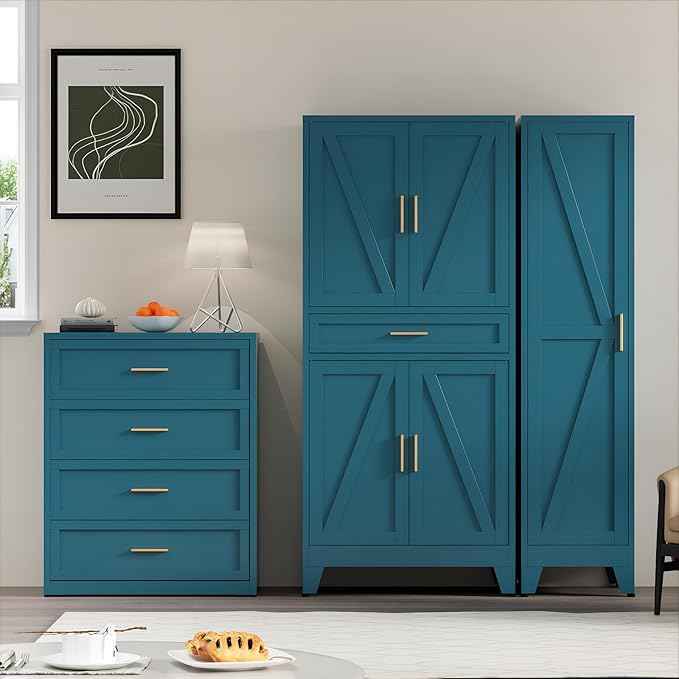 COFaR Farmhouse Storage Kitchen Pantry Cabinet with 4 Barn Door, 4 Adjustable Shelves, Drawer and Legs, for Cupboard/Dining Room/Bathroom/Living Room/Office/Laundry Room(Blue Green, 71" Metal Cabinet)