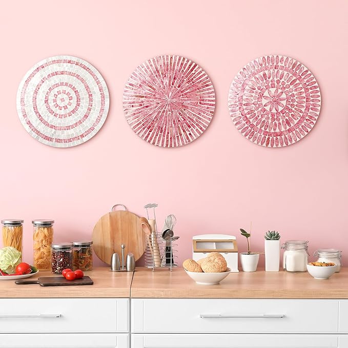 Tioncy 3 Pcs 11.8 Inches Modern Pink Mother of Pearl Shell Plate Preppy Coastal Pink Wall Art Mosaic Wall Sculpture Shell Handmade Hanging Plates Arts for Bedroom Bathroom Home Office Hotel