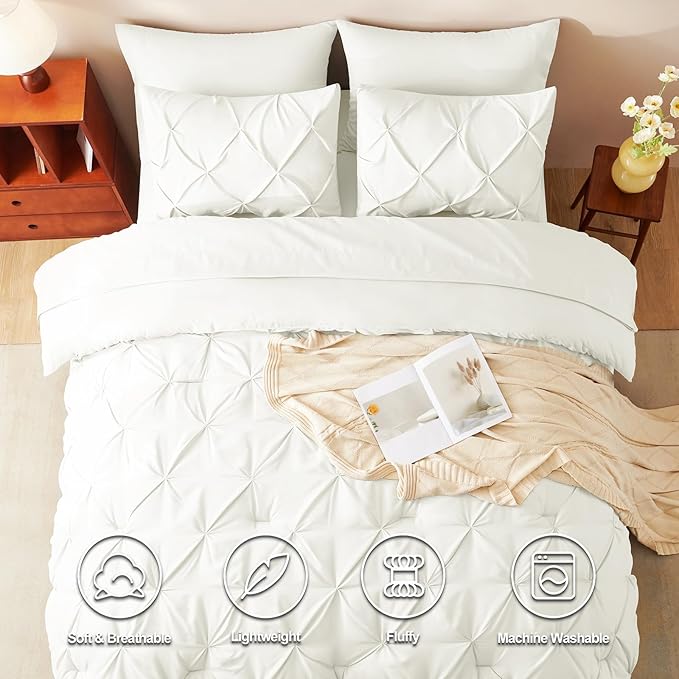 CozyLux King Size Comforter Set Ivory, 7 Pieces Pintuck Bed in A Bag Ivory Comforter King Size, Pinch Pleat Bedding Set with All Season Comforter, Sheets, Pillowcases & Shams