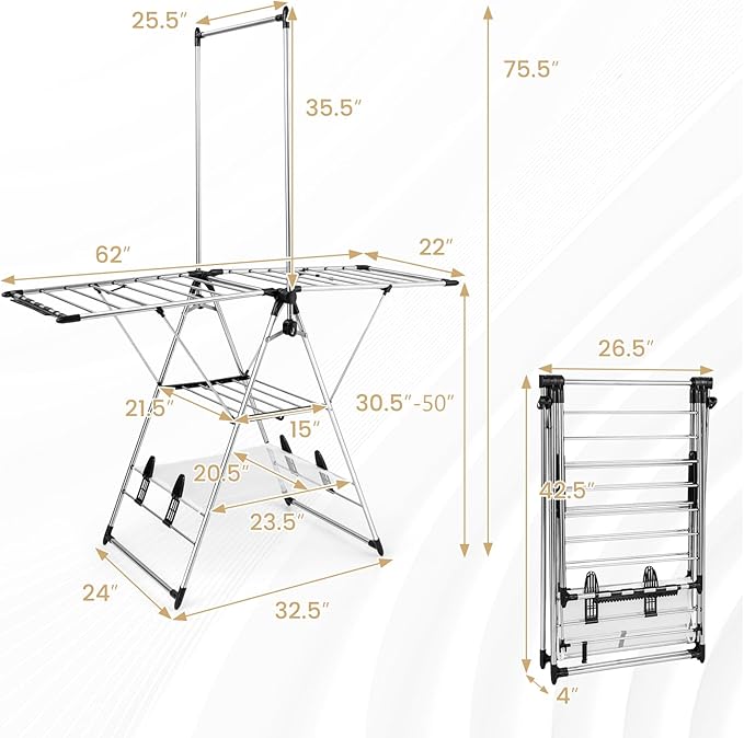 Tangkula 2-Layer Stainless Steel Drying Rack, Foldable Laundry Rack w/ 1 Hanging Bar & 2 Height-Adjustable Wings, 23 Drying Rails, Netting Clothe Drying Rack, No Assembly Required