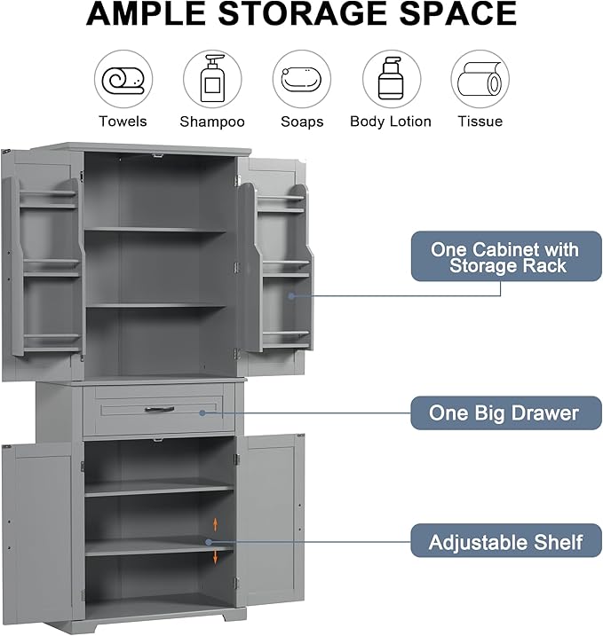 72.2" Storage Cabinet with Doors and Drawers, Tall and Wide Kicthen Pantry Cupboard Home Display Organizer with Door Shelf Rack for Bathroom, Adjustable Shelf, Gray