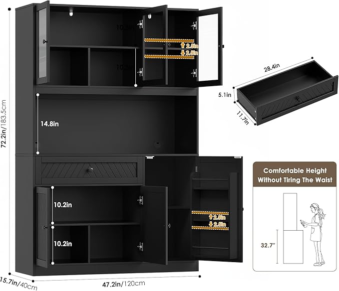 72” Tall Kitchen Pantry Storage Cabinet, Modern White Kitchen Hutch with Large Storage Drawer, Countertop, Adjustable Shelves, Food Pantry Cabinets for Dining Room, Living Room (Black)
