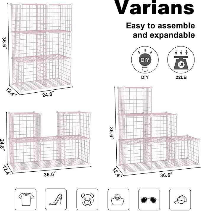 C&AHOME Wire Cube Storage, 6 - Cube Organizer Metal C Grids, Modular Shelves Units, Closet Organizer, Ideal for Home, Office, Living Room, 36.6”L x 12.4”W 36.6”H, Pink UWCS3006P
