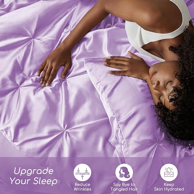 MR&HM Satin Comforter King 7 Pieces - Luxurious Pinch Pleat Bedding Set with Comforter, Flat Sheet, Fitted Sheet, Pillowcases & Shams, Super Silky Soft Bed Set for All Season (King, Lilac)