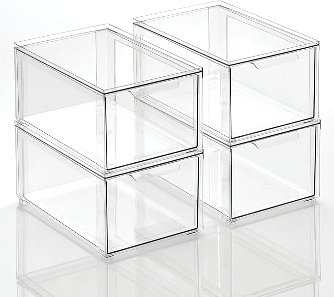 mDesign Plastic Stackable Closet Storage Organizer Bins with Pull Out Drawer for Cabinet, Desk, Shelf, Cupboard, or Dresser Organization - Lumiere Collection - 4 Pack - Clear
