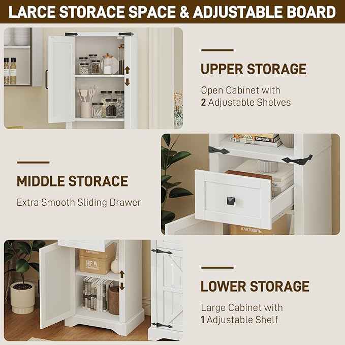 66" Tall Farmhouse Bathroom Storage Cabinet with Barn Doors and Drawer, Narrow Storage Unit, Adjustable Shelves & 5-Tier Space, Freestanding Cabinet for Bathroom, Living Room, Kitchen,Cream White