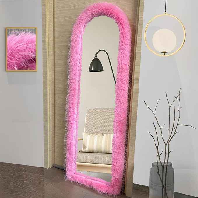 Fluffy Mirror Cover - 59"x16" Full Length Stretch Universal Ultra Soft Non-Slip Cover Warm Home Decor for Bedroom Cloakroom (Pink-Without Mirror, Suitable for 59"×16")
