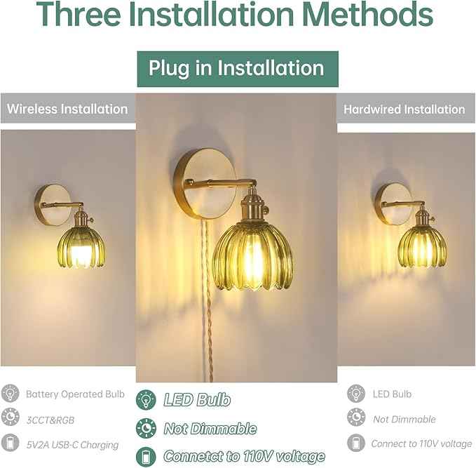 Plug in Wall Sconce, Green Tulip Glass Lampshade Wall Light Plugin Corded for Bedside Bedroom Doorway, 2 Pack