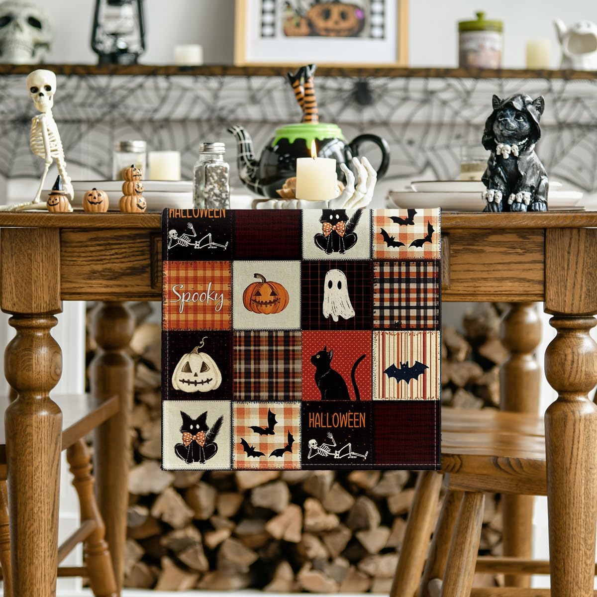 Artoid Mode Black Cat Bat Pumpkin Spooky 210 GSM Halloween Table Runner, Ghost Kitchen Dining Table Decoration for Home Party Decor 13x90 Inch