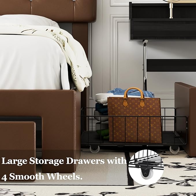VECELO Full Size Bed Frame with 3 Storage Drawers, Leather Upholstered with Diamond Tufted Headboard, Solid Wood Slat Support, No Box Spring Needed, PU & Brown