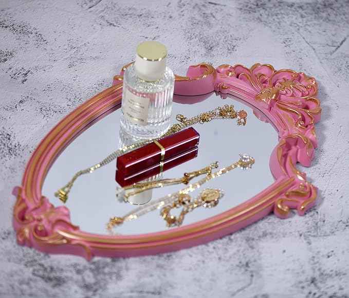 Eaoundm 16.5 x 11 inch Vintage Mirror Antique Mirror Decorative Wall Mirror Shield Shape (Pink)