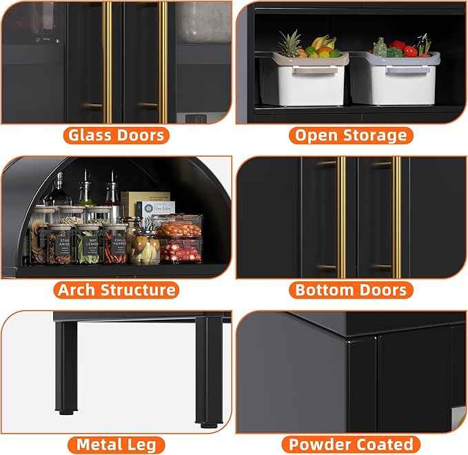 Metal Arched Cabinet with Glass Doors, Tall Arch Display Bookshelf, Kitchen Pantry Cabinet for Home Office,Required Assembly(Black)