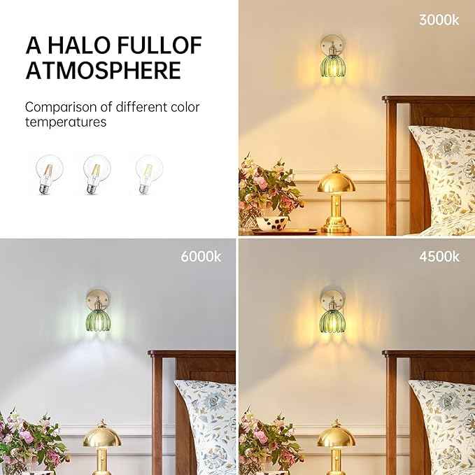 Vintage Wall Sconces Set of 2 with Green Tulip Glass Lampshade 180 Degree Adjustable Brass Sconces Hradwired Modern Wall Lighting Fixture with Switch for Bedside Bedroom Doorway