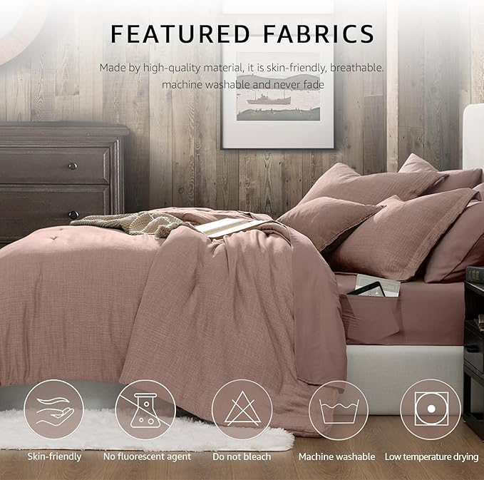 Geniospin King Size Comforter Set- 7 Piece Misty Rose Textured King Bedding Set, Soft Solid Bed in a Bag for All Season, King Comforter Set with Sheets(Misty Rose,102''x90'')