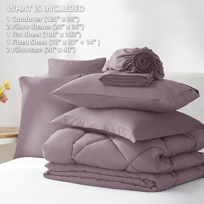 CozyLux Oversized King Comforter Set Dusty Purple, 7 Pieces Bed in a Bag Comforter Set with Sheets, All Season Bedding Set with Down Alternative Comforter, Sheets, Pillowcases & Shams