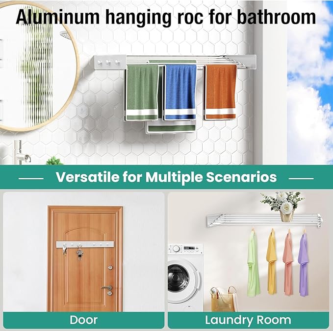 Upgrade 6 Knob Hooks Laundry Drying Rack Clothing, Wall Mounted Clothes Drying Rack 40" Wide, Large Foldable Collapsible Laundry Racks for Drying Clothes with Wall Template, 5 Aluminum Rods