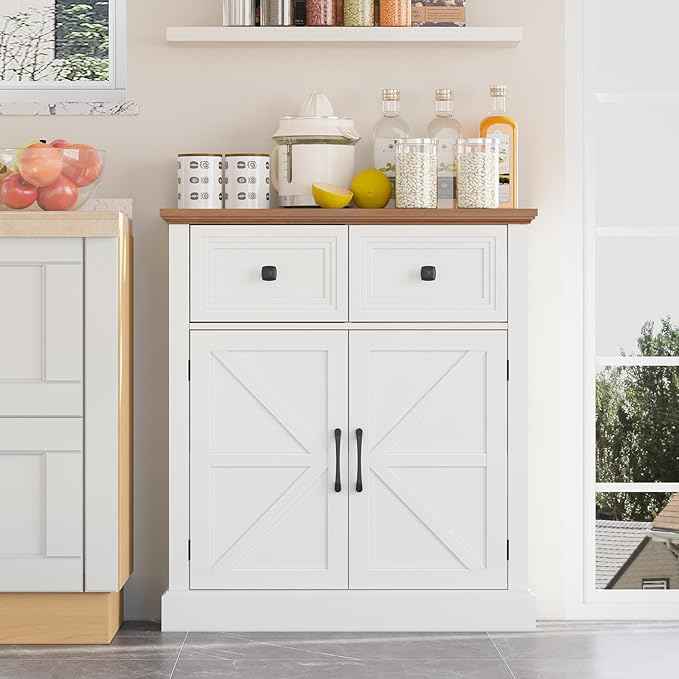 Vabches Farmhouse Buffet Sideboard with Drawers, Wood Pantry Cabinet with Storage, Rustic Storage Cabinet with Adjutable Shelf and Barn Door for Kitchen, Dining Room, Living Room, White