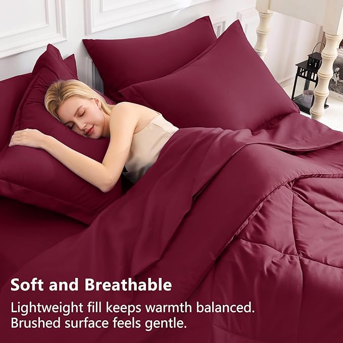 CozyLux King Size Comforter Set Burgundy - 7 Pieces Bed in a Bag King, Luxury Soft Bed Set for All Seasons, Bedding Set with Down Alternative Comforter, Sheets, Pillowcases & Shams