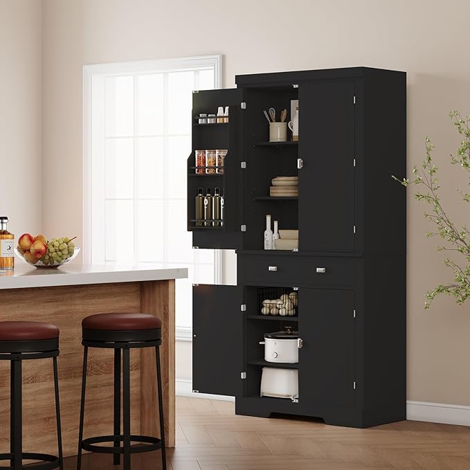 72" Tall Kitchen Pantry Cabinet with 6 Door Shelves, 2 Cabinets & 4 Adjustable Shelves, Freestanding Storage Cabinet for Kitchen, Living Room, Dining Room, Black