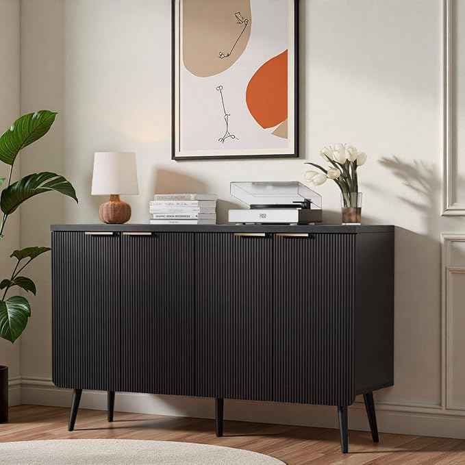 47.2" Modern Fluted Sideboard Cabinet with 4 Doors, Wood Storage Credenza with Shelves, Multi-Purpose Buffet Cabinet for Entryway, Dining & Living Room, Black