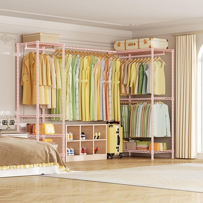 E10L L-Shaped Clothes Rack for Corner（With Expandable Hanger Rod）Heavy Duty Freestanding Clothing Racks for Hanging Clothes，Portable Garment Rack 58-82"W x 30"D x 72"H，Max Load 900LBS, Pink