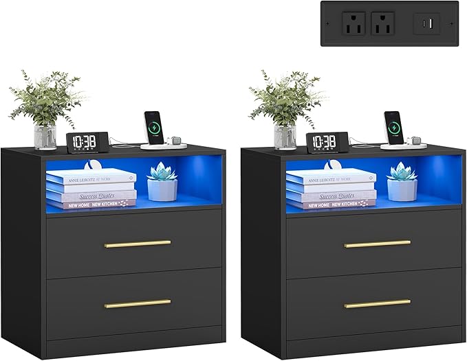 VASAGLE Custos Collection - Set of 2 Nightstands with Charging Station, LED Lights, Modern Night Stands, Side End Tables with Drawers, Open Shelf, 2 AC Outlets USB Ports, Ink Black ULET639BC01S-2J