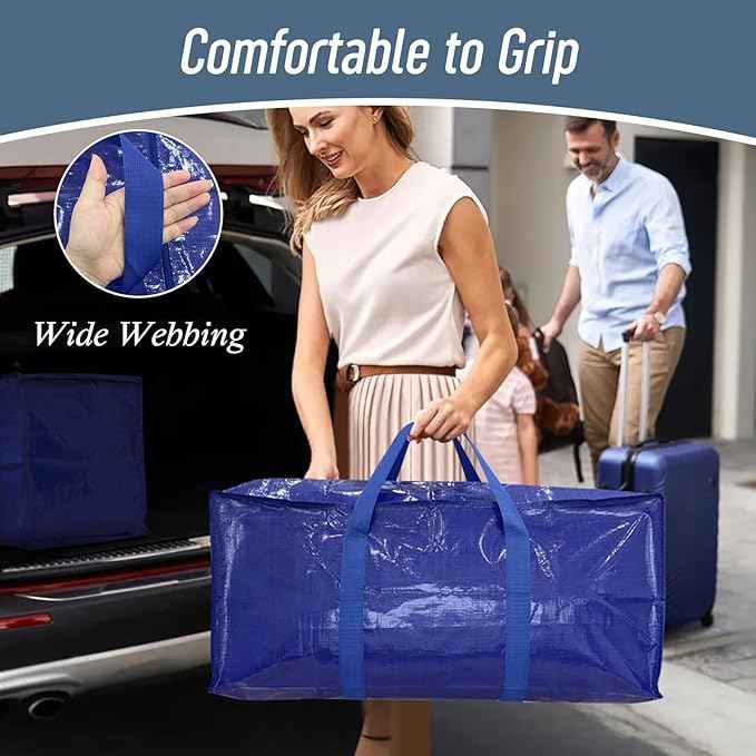 12 Pack Extra Heavy Duty Large Moving Bags with Strong Zipper & Comfortable Handles, Sturdy & Durable Clothes Storage Bags Totes Bins, Packing Moving Boxes for College Supplies, Blue