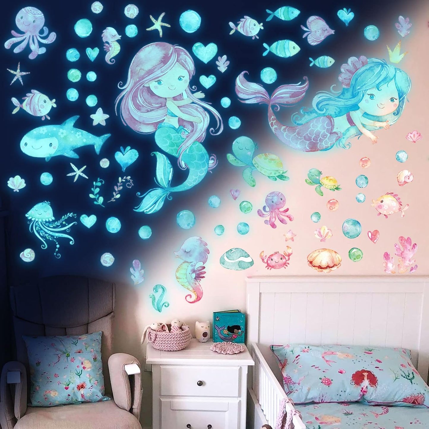 Luminous Mermaid Wall Stickers Decals,Glow in The Dark Mermaid Starfish Wall Decals, Glowing Self-Adhesive Stickers for Ceiling Decor, Kids Baby Room Wall Stickers Decoration for Girls Gifts (meireny)