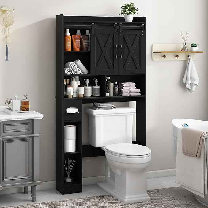Vabches Over The Toilet Storage Cabinet, Farmhouse Storage Cabinet Over Toilet with Sliding Doors & Toilet Paper Holder Stand，Home Space-Saving Toilet Rack, for Bathroom, Laundry and Restroom.Black