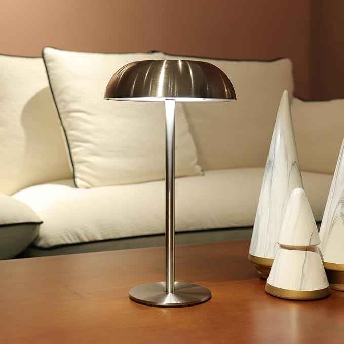 Portable Mushroom Table Lamp with 5200mAh Battery, 11'' Cordless LED Night Light with Stepless Dimming, 3 Color Modes & Adjustable Height for Bedroom/Patio/Bar Decor/Coffee Shop Ambiance (Silver-tall)