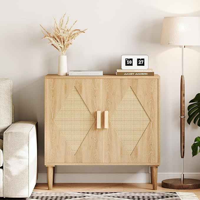 Garvee Rattan Accent Cabinet with Storage, Two-Door Sideboard with Woven Decor, Storage Buffet for Living Room, Dining Room, Entryway, Kitchen Organization