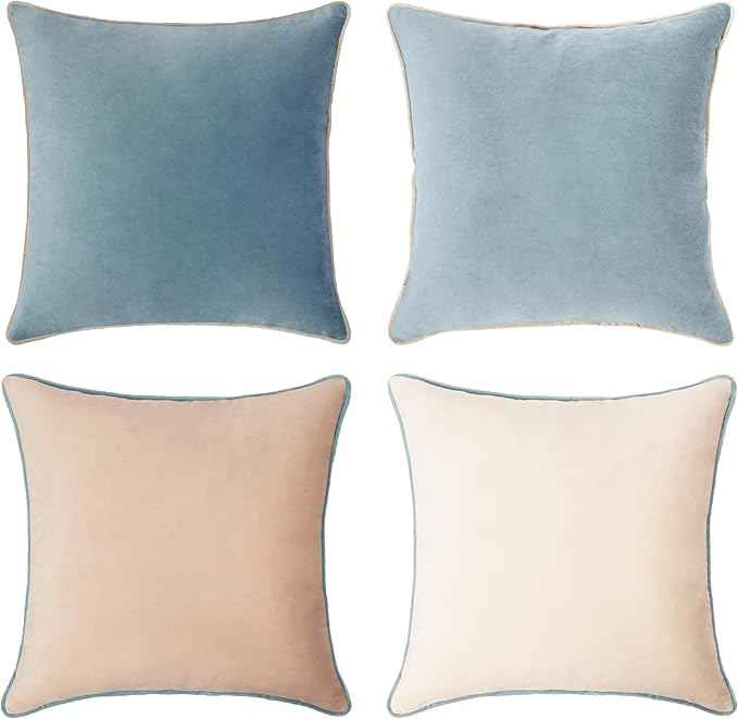 MONDAY MOOSE Decorative Throw Pillow Covers Cushion Cases, Set of 4 Soft Velvet Modern Double-Sided Designs, Mix and Match for Home Decor, Pillow Inserts Not Included (18x18 inch, Beige/Light Blue)