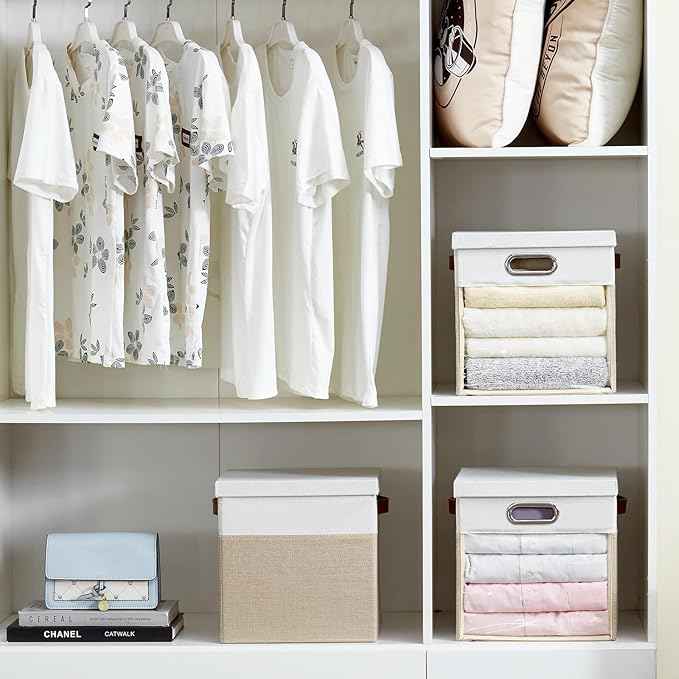 Fabric Storage Cubes with Clear Windows and Lids 11'' Foldable Storage Bins with 3 Handles, Decorative Storage Boxes for Home, Bedroom, Closet, Office (Beige & White)