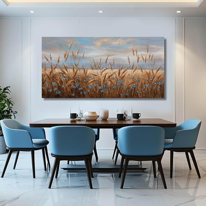 GAIDUOMAI Blue and Gold Pictures Rustic Wall Art Wheat Room Decor Floral Art Posters for Dining Room Big Painting for Living Room Kitchen 29x58 Inch