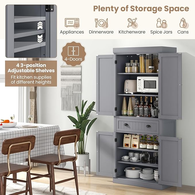 Nightcore Kitchen Pantry Cupboard, 6ft Wood Cupboard w/ 4 Adjustable Shelves, 2 Wood Pantries, & 1 Drawer, Utility Storage Cabinet for Kitchen, Hallway, Living Room, Bathroom (Grey)
