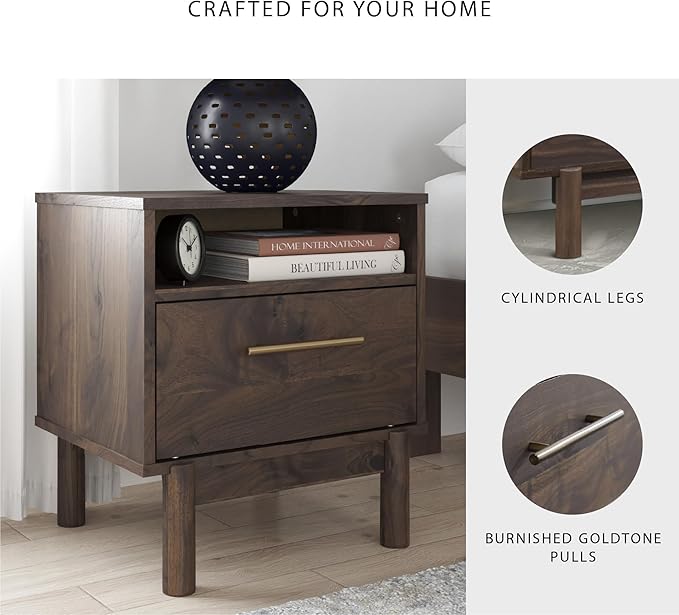 Signature Design by Ashley Calverson Modern 1 Drawer Nightstand with Open Cubby, 21.18" Tall, Dark Brown