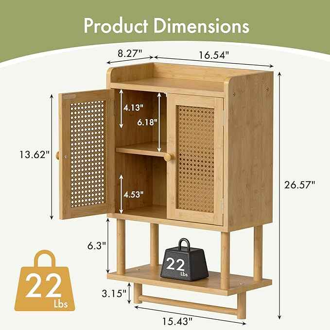 AmazerBath Bathroom Wall Cabinets, Bamboo Medicine Cabinet with Rattan Door, Over The Toilet Storage Cabinet with Towel Bar, Wall Mounted Cabinet with Adjustable Shelves for Small Spaces