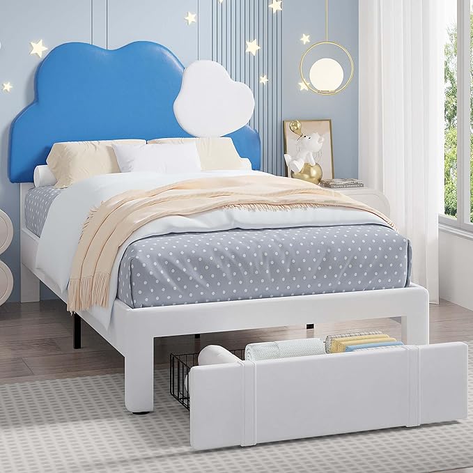 VECELO Twin Size Bed Frame, Upholstered Platform Bedframe with Height Adjustable Cloud-Shaped Headboard, Strong Wood Slat Supports, No Box Spring Needed, Blue