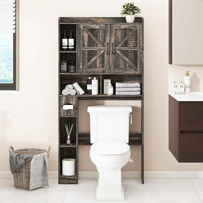 Over The Toilet Storage Cabinet, Farmhouse Storage Cabinet Over Toilet with 2 Barn Doors & Toilet Paper Holder Stand，Home Space-Saving Toilet Rack, for Bathroom, Restroom, Laundry