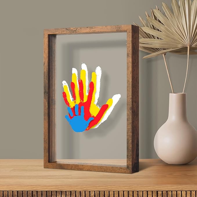 Family Handprint Kit, Hand Prints Keepsake Frame, DIY Craft Gift for New Parents & Mom & Baby, Grandparents, Mother's Day, Father's Day, Adoption Day, Anniversary, 6 Non -Toxic Paints (Brown)