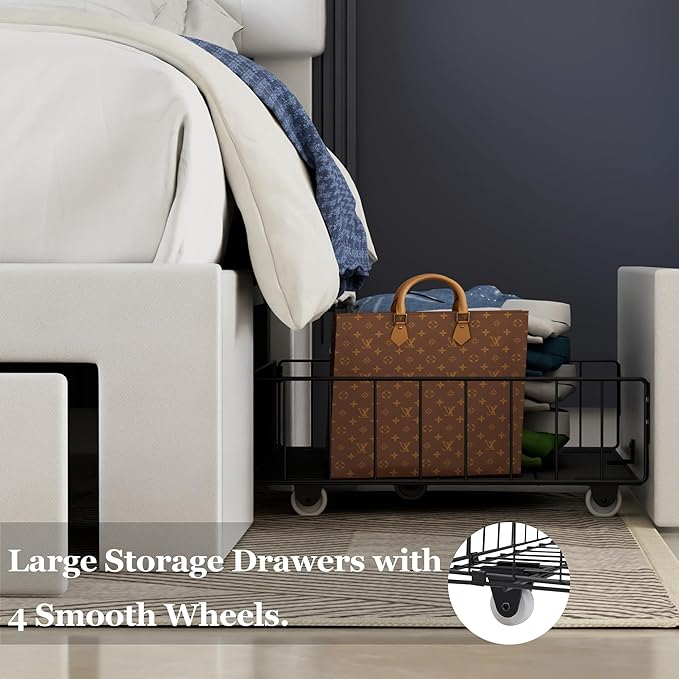 VECELO Queen Size Bed Frame with 3 Storage Drawers, Leather Upholstered with Diamond Tufted Headboard, Solid Wood Slat Support, No Box Spring Needed, PU & White