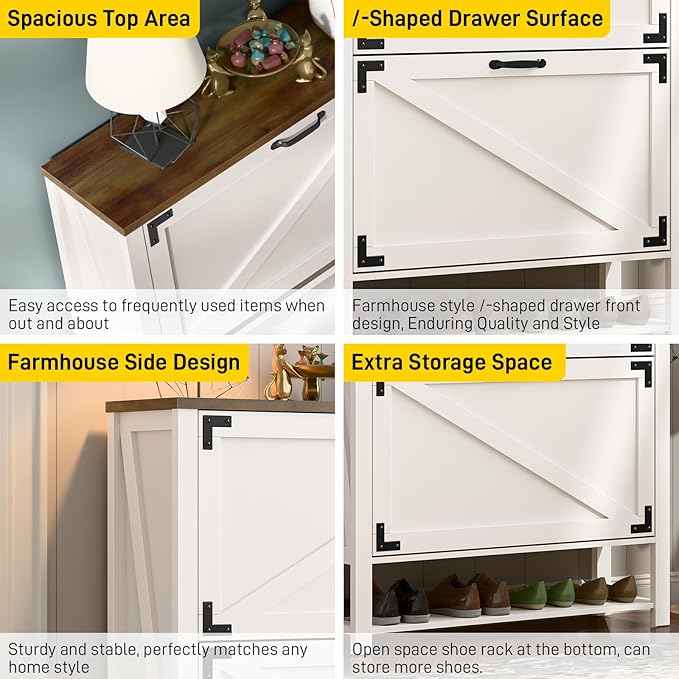 Vabches Shoe Storage Cabinet, 5-Tier Farmhouse Freestanding Organizer with 2 Flip Drawers, Wooden Shoes Rack Cabinets Storage Organizer with Doors for Entryway, Hallway, Closet, Rustic White