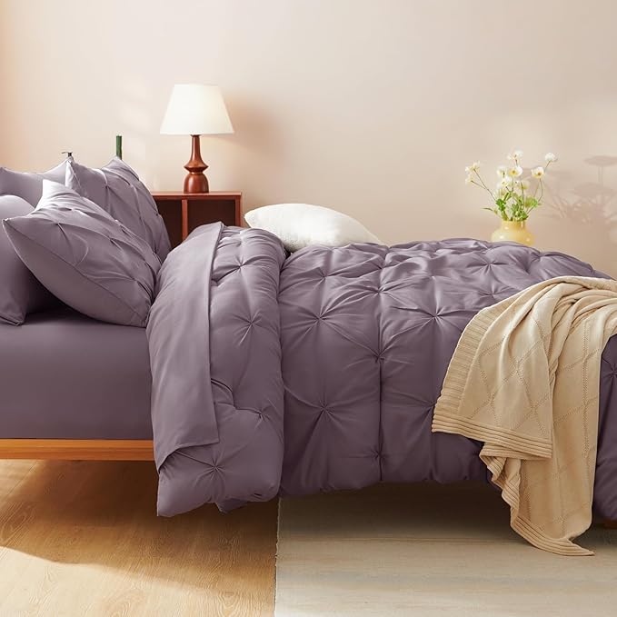 CozyLux King Size Comforter Set Grayish Purple, 7 Pieces Bed in A Bag Purple Comforter King Size, Pinch Pleat Bedding Set with All Season Comforter, Sheets, Pillowcases & Shams