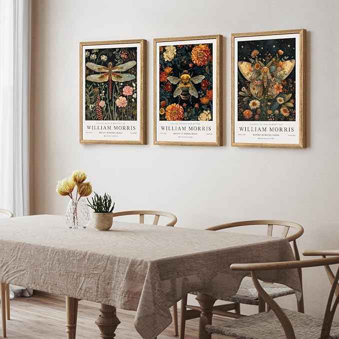 Hianan William Morris Animal Botanical Canvas Wall Art, Vintage Dragonfly Bee Butterfly Poster Prints, Maximalist Nature Flower Aesthetic Pictures for Living Room Bedroom Wood Framed 12"x16"x3