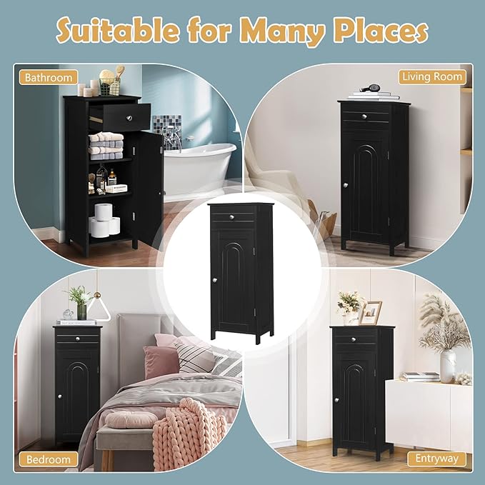 COSTWAY Bathroom Storage Cabinet, Single Door Floor Cabinet with Drawer and 3-Level Adjustable Shelves, Modern Side Storage Organizer with Anti-Tipping Device for Living Room, Bedroom (Black)